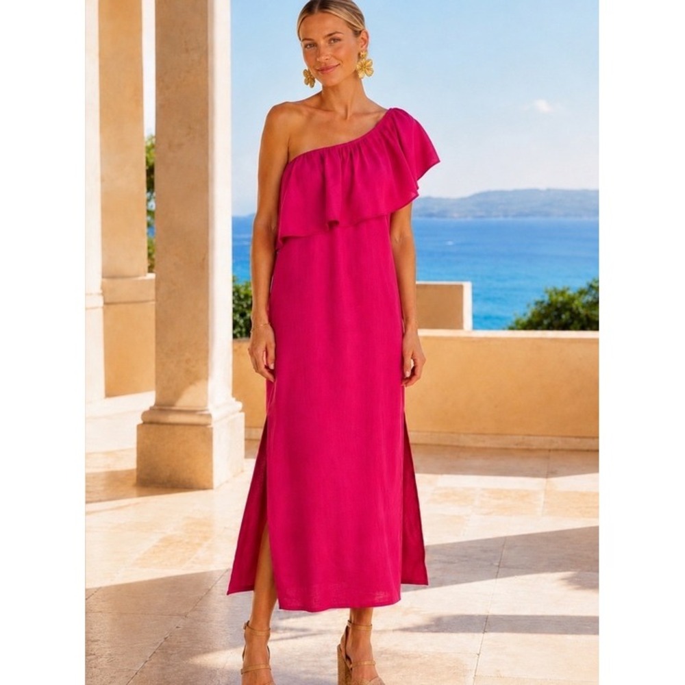 Pomander Place Florencia Ruffle Linen Blend Maxi Dress Pink Magenta Small